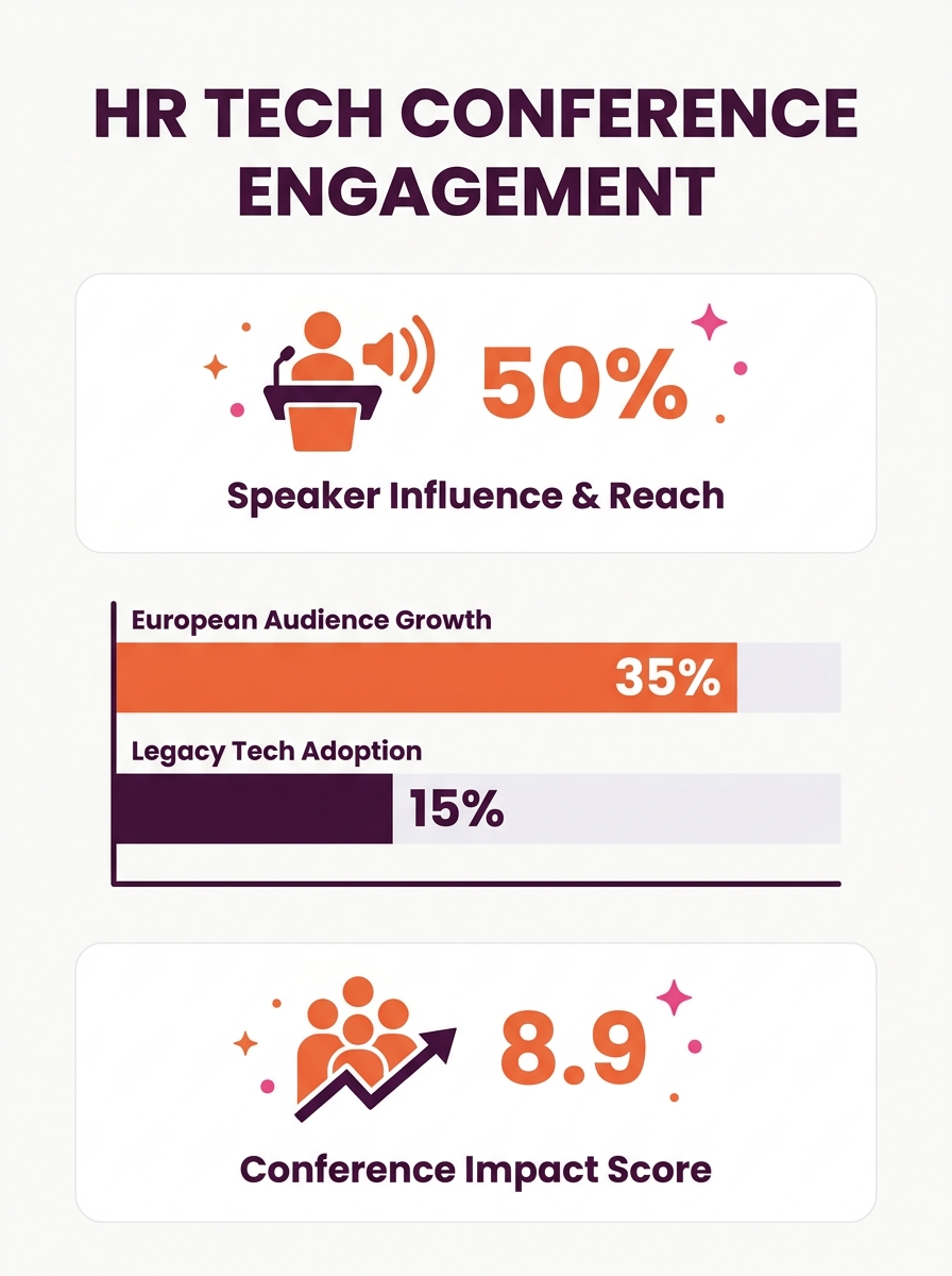 HR technology leaders speaking at conference podium with European audience