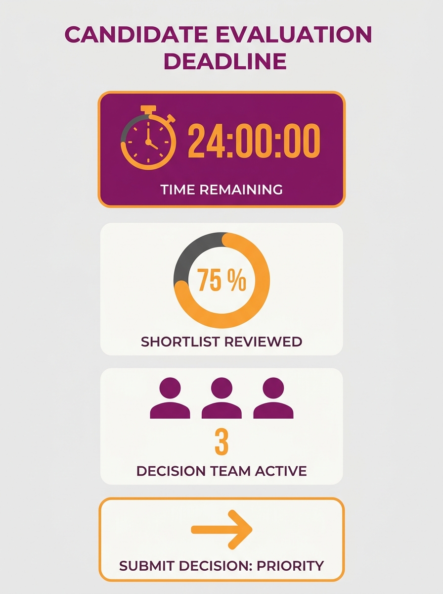 Recruitment team reviewing candidate shortlist on digital dashboard with countdown timer showing 24-hour deadline