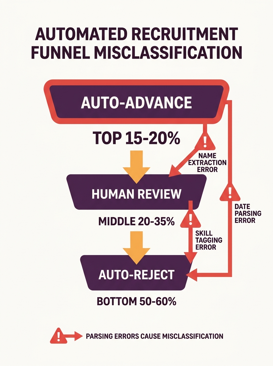 infographic showing a funnel diagram with three tiers labeled auto-advance (top 15-20%), human review (middle 20-35%), and auto-reject (bottom 50-60%), with red warning indicators showing where parsin