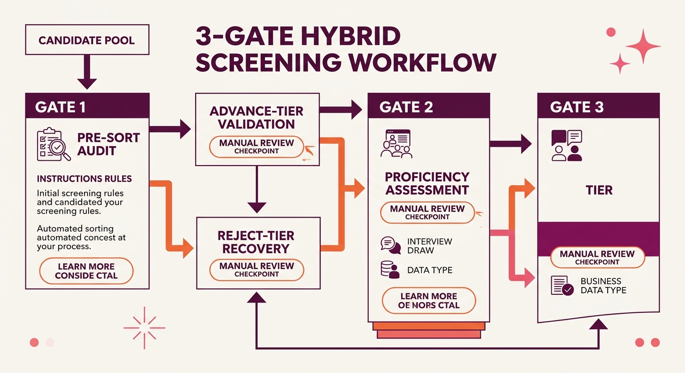 flowchart showing a three-gate hybrid screening workflow with manual review checkpoints labeled pre-sort audit, reject-tier recovery, and advance-tier validation, with arrows showing how candidates ca