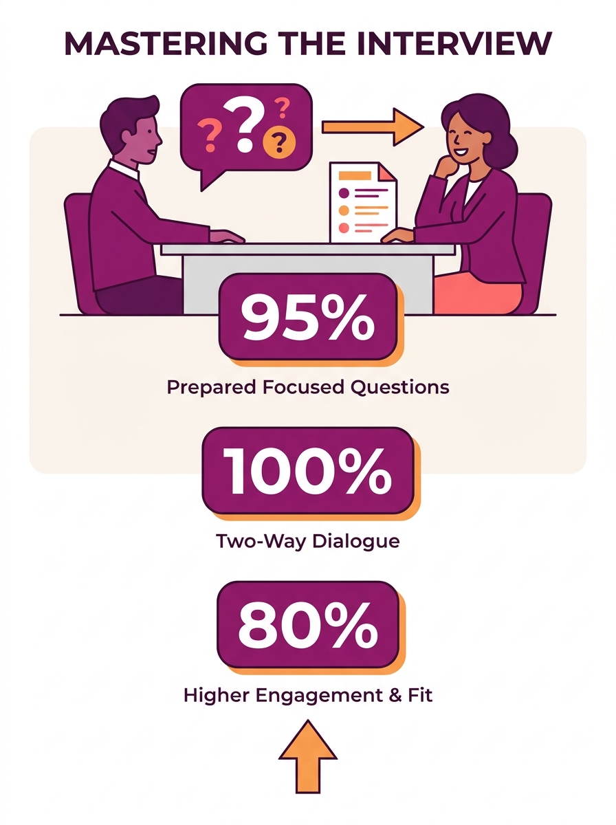 Professional job candidate asking focused questions during interview with hiring manager across desk