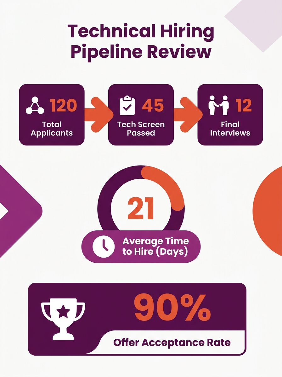 Engineering leader reviewing technical hiring pipeline on laptop with recruitment metrics dashboard