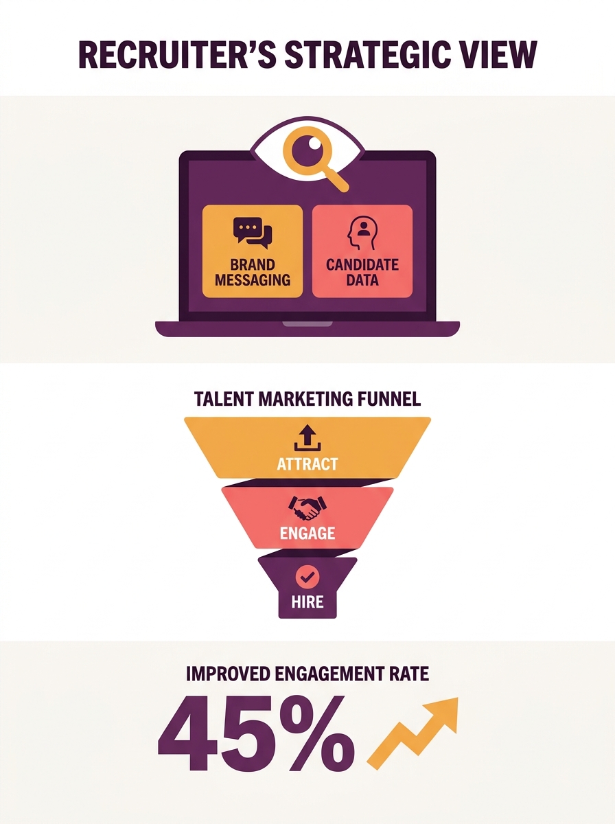 Recruiter reviewing employer brand messaging and candidate persona data on laptop screen alongside marketing funnel diagram