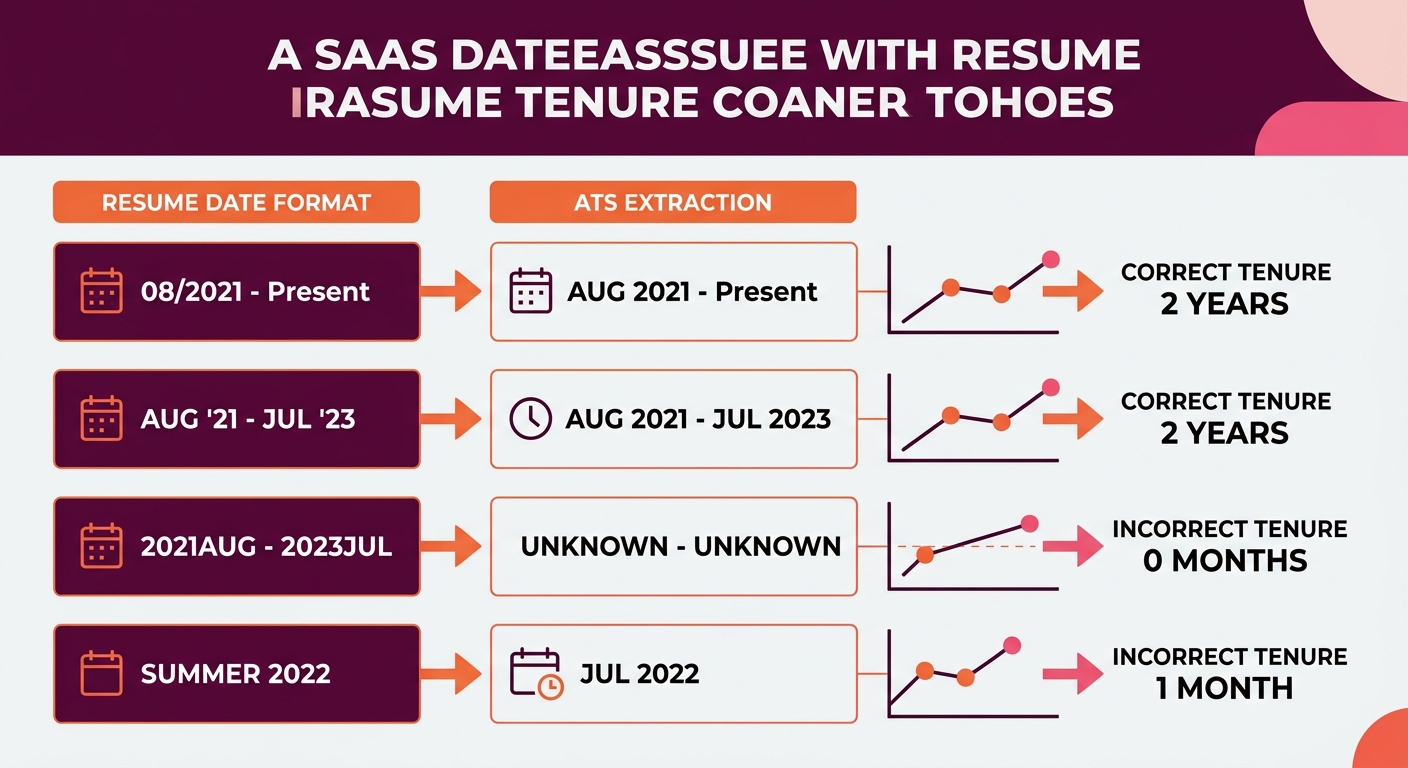 A visual comparison showing four different date formats from resumes alongside what the ATS parser extracted for each, demonstrating how format variations lead to incorrect experience calculations wit