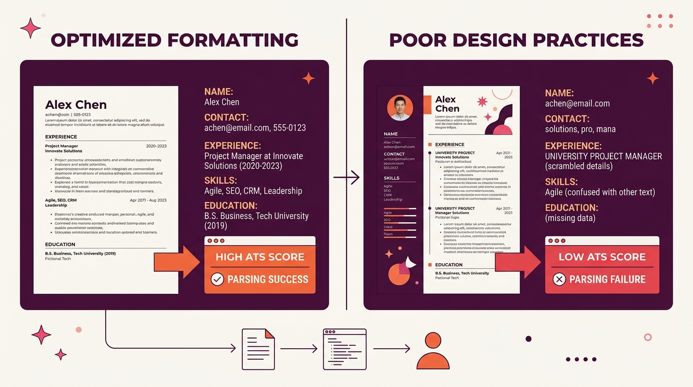 side-by-side comparison showing two resumes for the same fictional candidate, one in single-column plain format with clean parsing output and a high ATS score, and one in two-column designed format wi