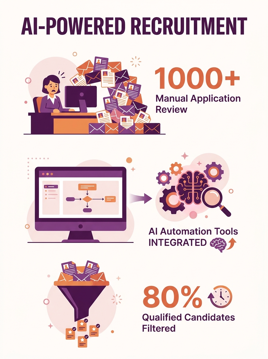 Recruiter viewing overwhelming flood of job applications on computer screen with AI automation tools visible in background