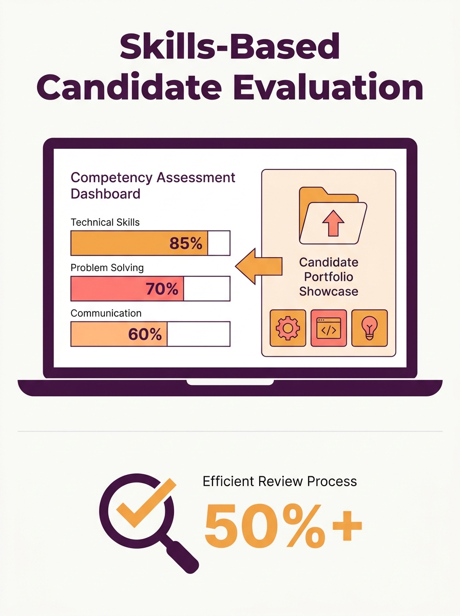 Recruiter reviewing skills-based candidate portfolio on laptop screen with competency assessment dashboard visible