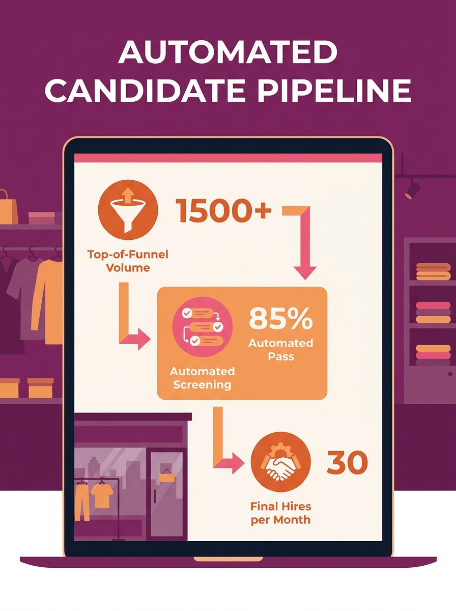 recruiter reviewing automated candidate pipeline on laptop screen with retail store background