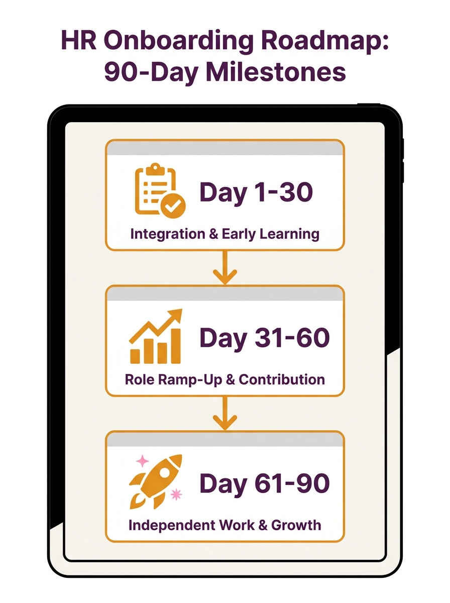 HR executives reviewing onboarding roadmap timeline with 90-day milestones on digital screen