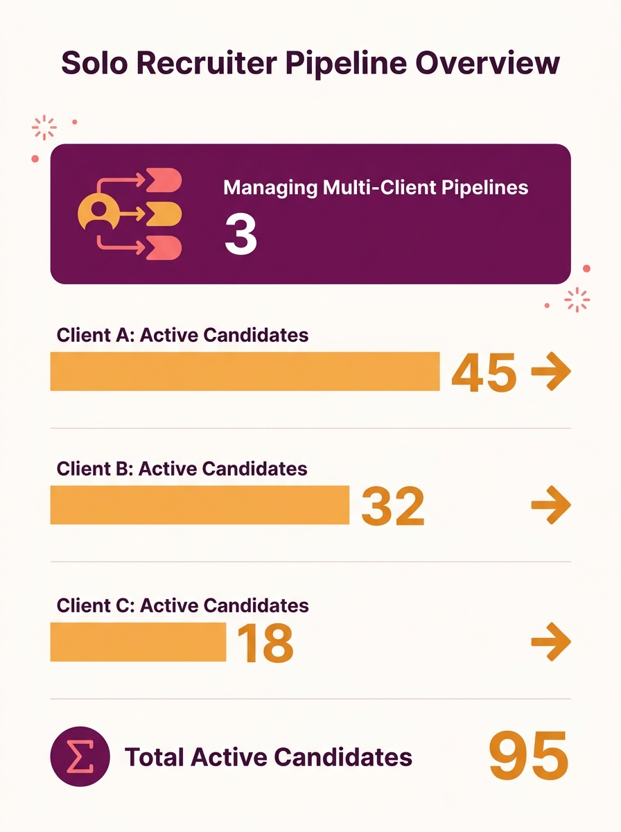 Solo recruiter reviewing candidate pipelines across multiple clients in applicant tracking dashboard interface