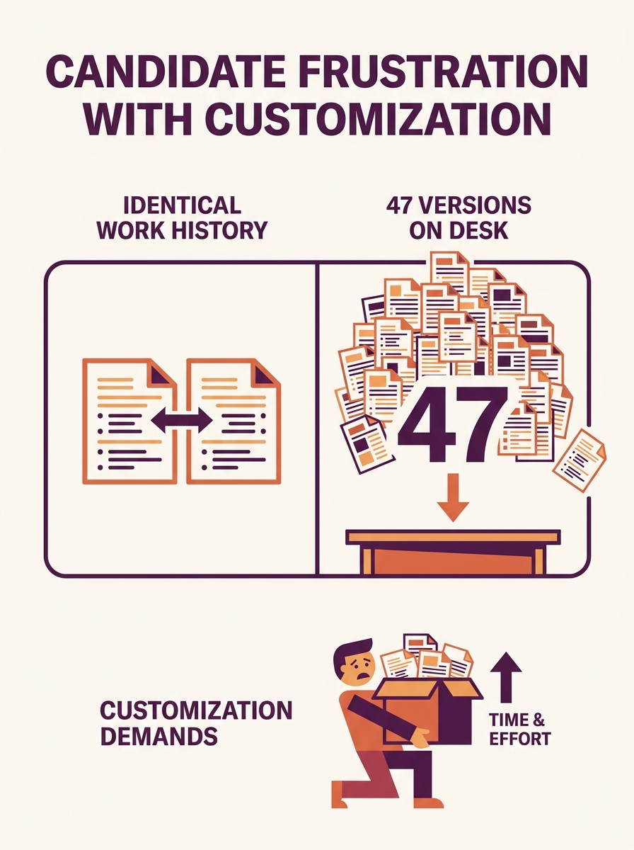 Split-screen view showing identical work history formatted as 47 different resume versions stacked on a desk, representing candidate frustration with application customization demands