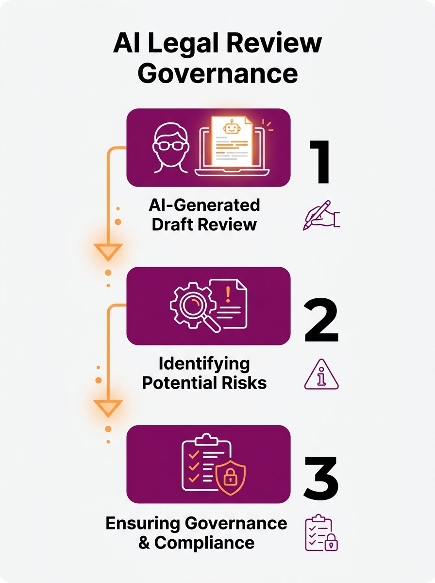 Law firm partner reviewing AI-generated employment advisory draft on laptop screen with governance checklist visible