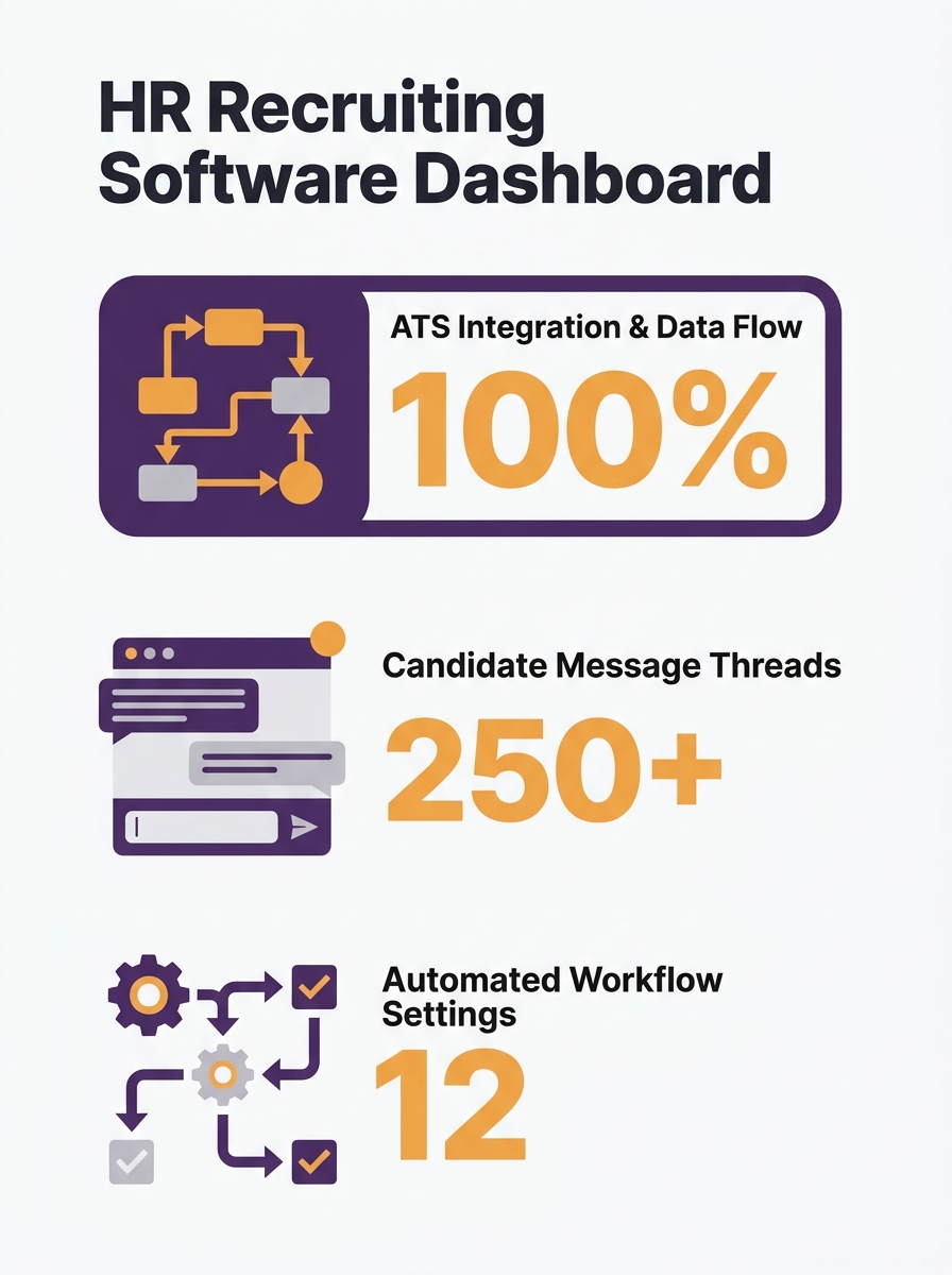 HR manager reviewing text-based recruiting software interface showing ATS integration dashboard with candidate message threads and automated workflow settings