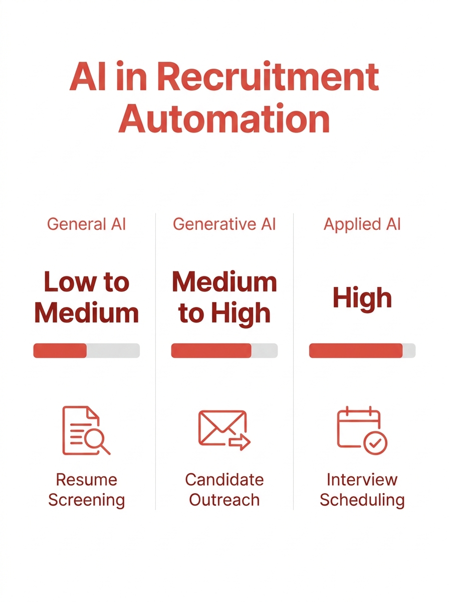 Three-column comparison chart showing general AI, generative AI, and applied AI tiers with price ranges and task examples for each recruitment automation category