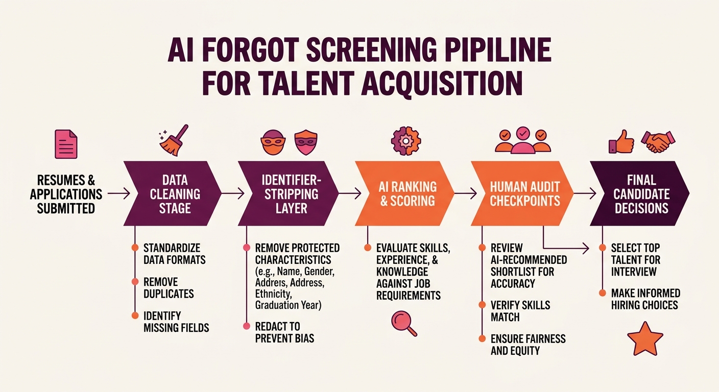 Flowchart showing AI screening pipeline with data-cleaning stage, identifier-stripping layer, and human audit checkpoints before final candidate decisions