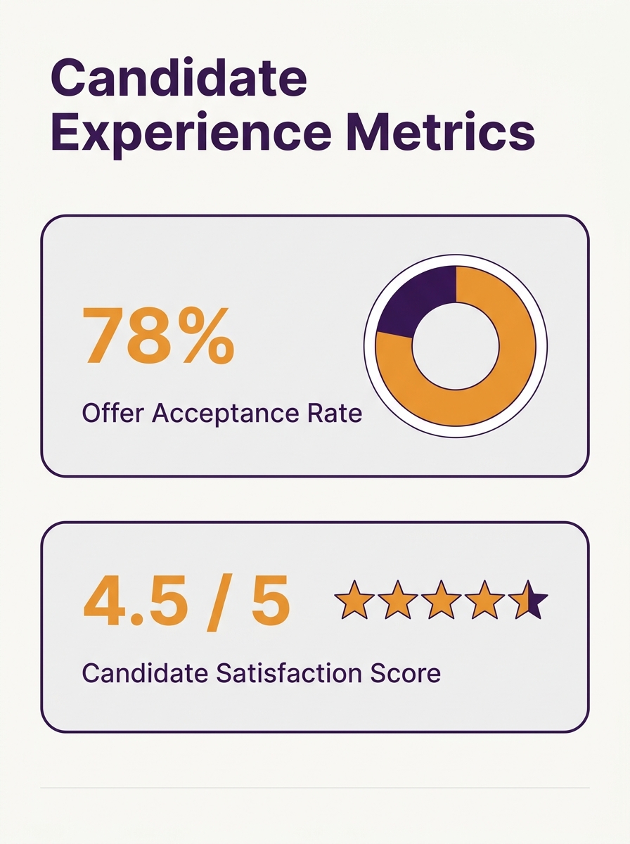 Recruiter reviewing candidate experience metrics dashboard showing offer acceptance rates and satisfaction scores on laptop screen