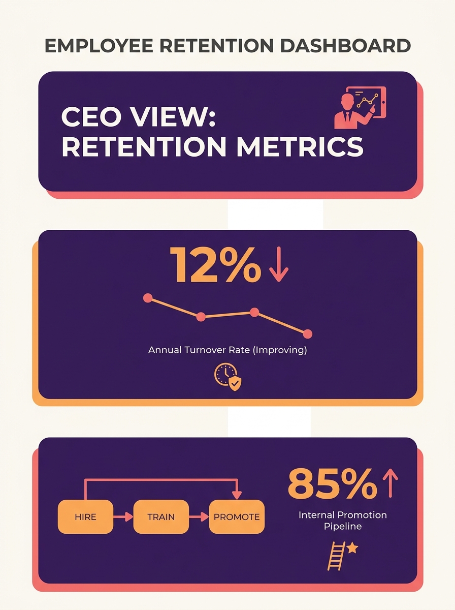 CEO reviewing employee retention metrics on dashboard with turnover rate graphs and development pipeline data