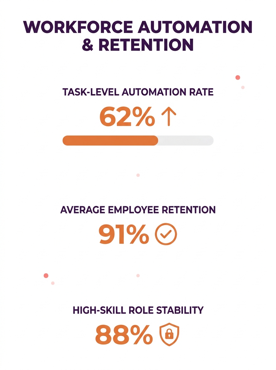 Workforce planning dashboard showing task-level automation analysis across multiple departments with retention metrics